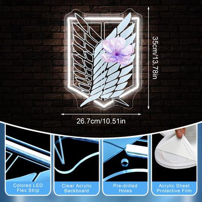 Anime Neon Sign for Wall Art Decor - Wings and Freedom Acrylic USB Powered LED Wall Light, White Glow with Dimmer, for Bedroom Game Room Party Decor Man Cave Home Office 13.78" × 10.51"