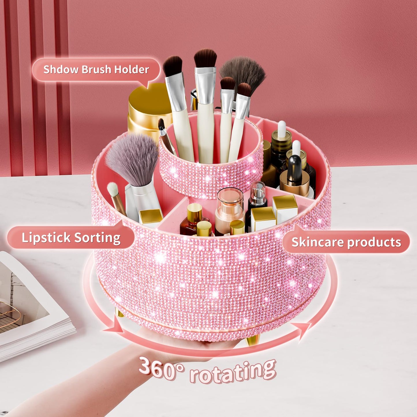 fanado Bling Diamond Makeup Brush Holder, 360° Rotating Makeup Organizer, 5 Slot Make up Brushes Cup for Countertop, Storage for Cosmetics Pen Eyeliner Skincare on the Vanity (Diamond Pink)