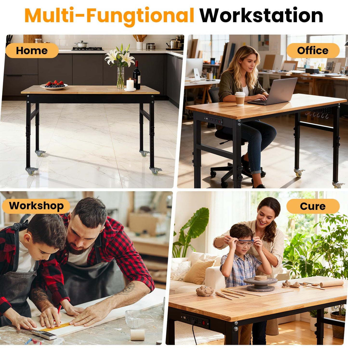70" Adjustable Workbench with Power Outlet, 2000LBS Capacity Solid Rubber Wood Top & Thickened Steel Legs, 8-Levels Adjustable Heigh Work Table, Easy Assembly for Garage, Workshop, Home