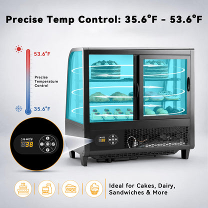 Tylza Commercial Refrigerator Display Case, 3.5 Cu.Ft/100L Countertop Refrigerated Showcase, White LED Lighting, Double Glass Door, 36-54°F, Auto Defrost for Bakery, Cafe, Store