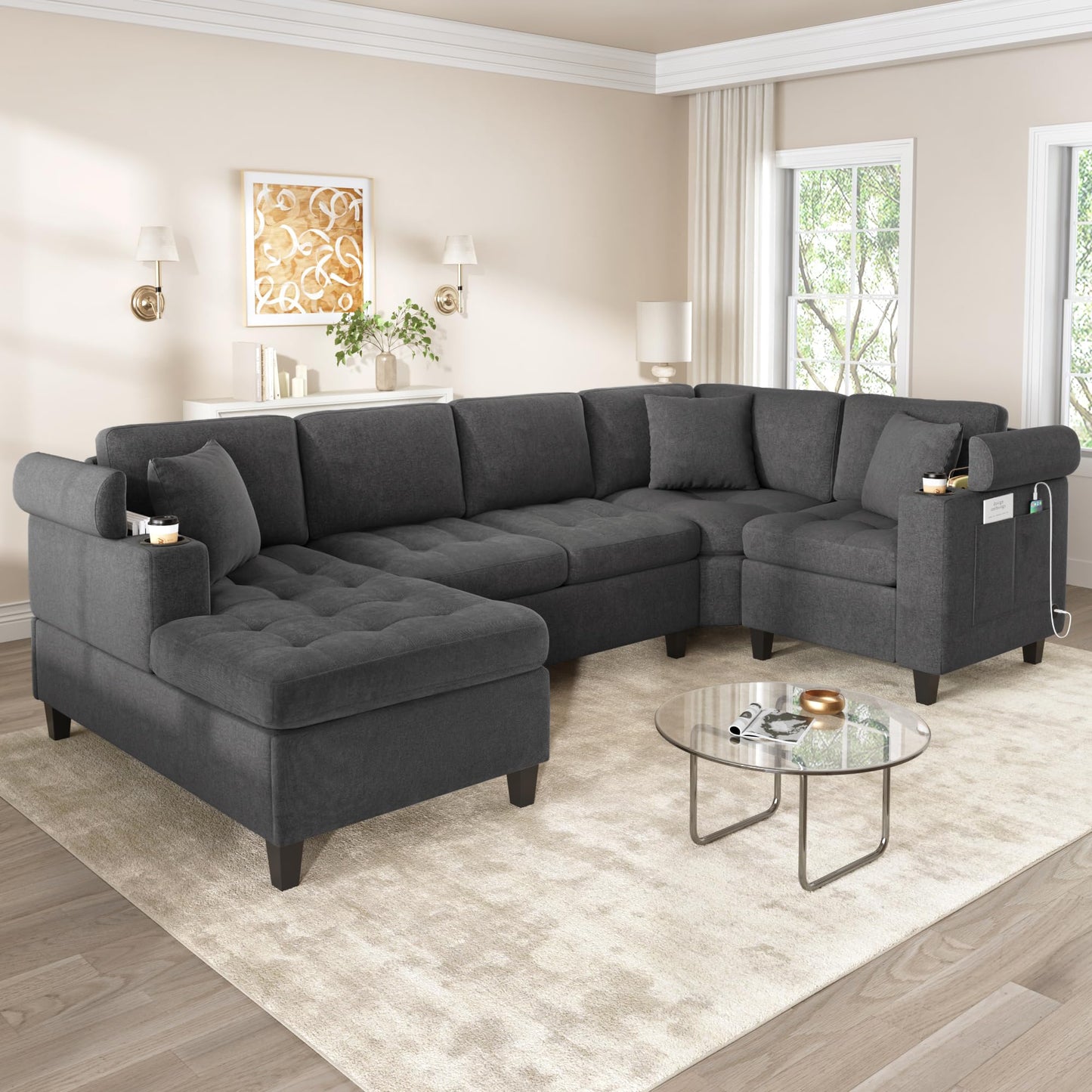 Merax 115.7" U-Shaped Chenille Sectional Sofa, 4 Seat Corner Couch Oversized with Built-in Cup Holders, 3 Pillows, Storage Space for Living Room, Grey