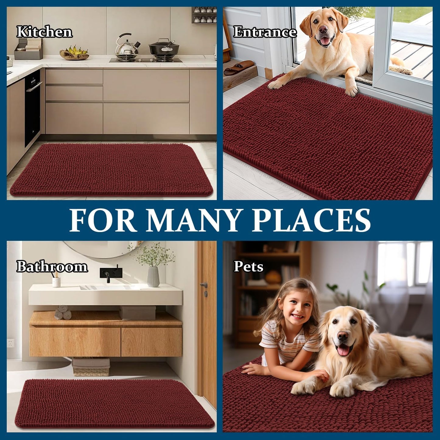 OLANLY Dog Door Mat - Absorbent Non-Slip Washable Doormat for Muddy Paws | 47x24, Quick Dry Chenille, Caramel Russet