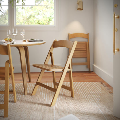Flash Furniture Holden Commercial Solid Wood Dining Chair, Foldable Design, Solid Beechwood Frame, Curved Back, Mortise & Tenon Construction, Set of 4, Oak