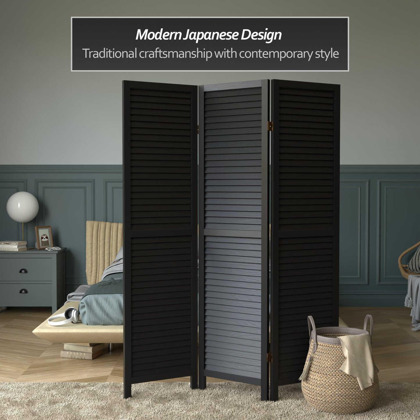 Red Lantern 6 ft. Tall Wooden Louvered Room Divider Black 3 Panel