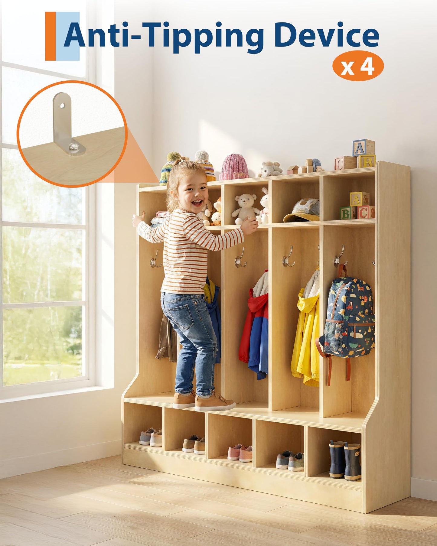 Garvee Kids Coat Locker with Bench for Classroom, Smooth Wood Surface 10 Cubbies, Daycare Cubby with 4 Hidden Casters & 10 Hooks, Cubby Storage Organizer for Nursery, Home, School