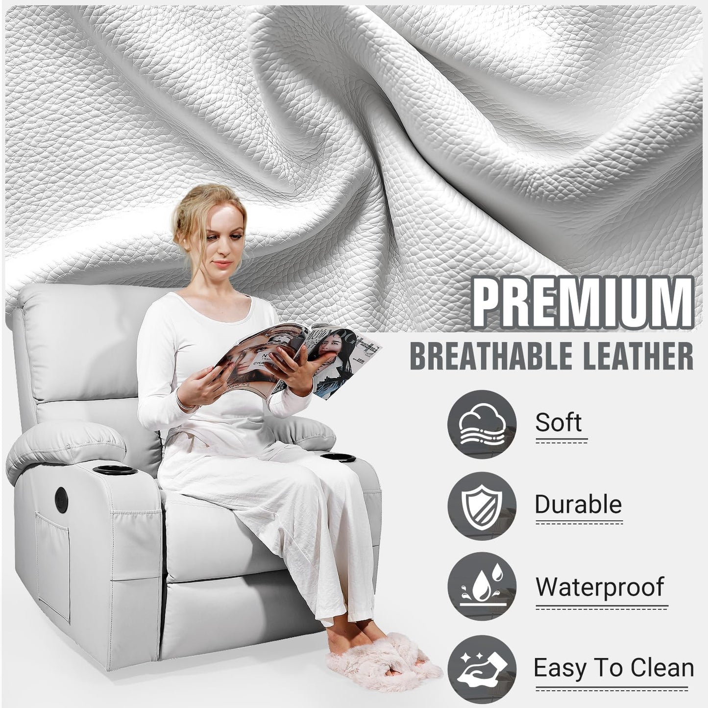 LAFWELL Rocking Recliner Chair, Massage Rocker Recliner Chair with Vibration Massage and Heat, USB and Type-C Ports,360° Swivel Faux Leather Chairs, Living Room, Bedroom, Nursery, RV, Light Grey
