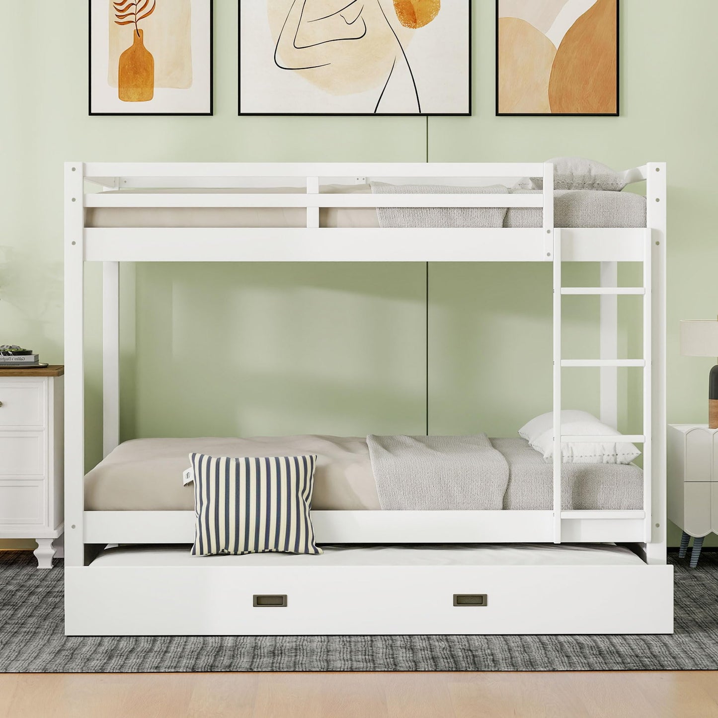 Bellemave Queen Over Queen Size Bunk Bed with Trundle for Kids/Adults,Solid Wood Bunk Bed Frame Queen Size with Ladder & Safety Guardrails,White