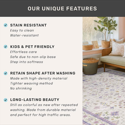 Skiennix Light Purple Area Rug - Non-Slip, Washable Design for Girls' Bedroom | 5x7 Size, Lavender & Cream with Green Accents