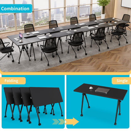 Conference Table with Wheels, Folding Conference Table with Knob & 4 Brake Casters, Modular Flip Top Mobile Conference Room Table for Office, Meeting, Training Room, Class (6, Black, 55.1in)