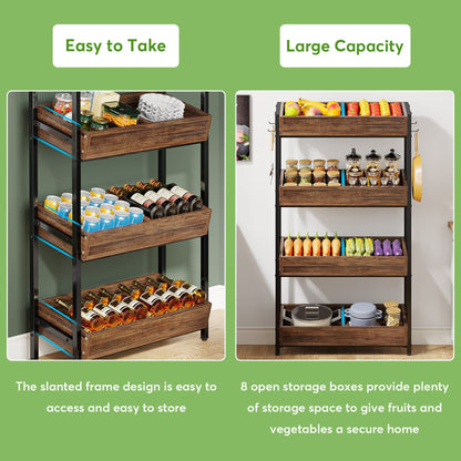 Tribesigns Wood Fruit and Vegetable Basket Stand Rack for Kitchen, Office, Store, Supremarket, Pantry Shelf Unit for Snacks, 4-Tier Wooden Utility Storage Shelves Set of 2 (Brown+Black)