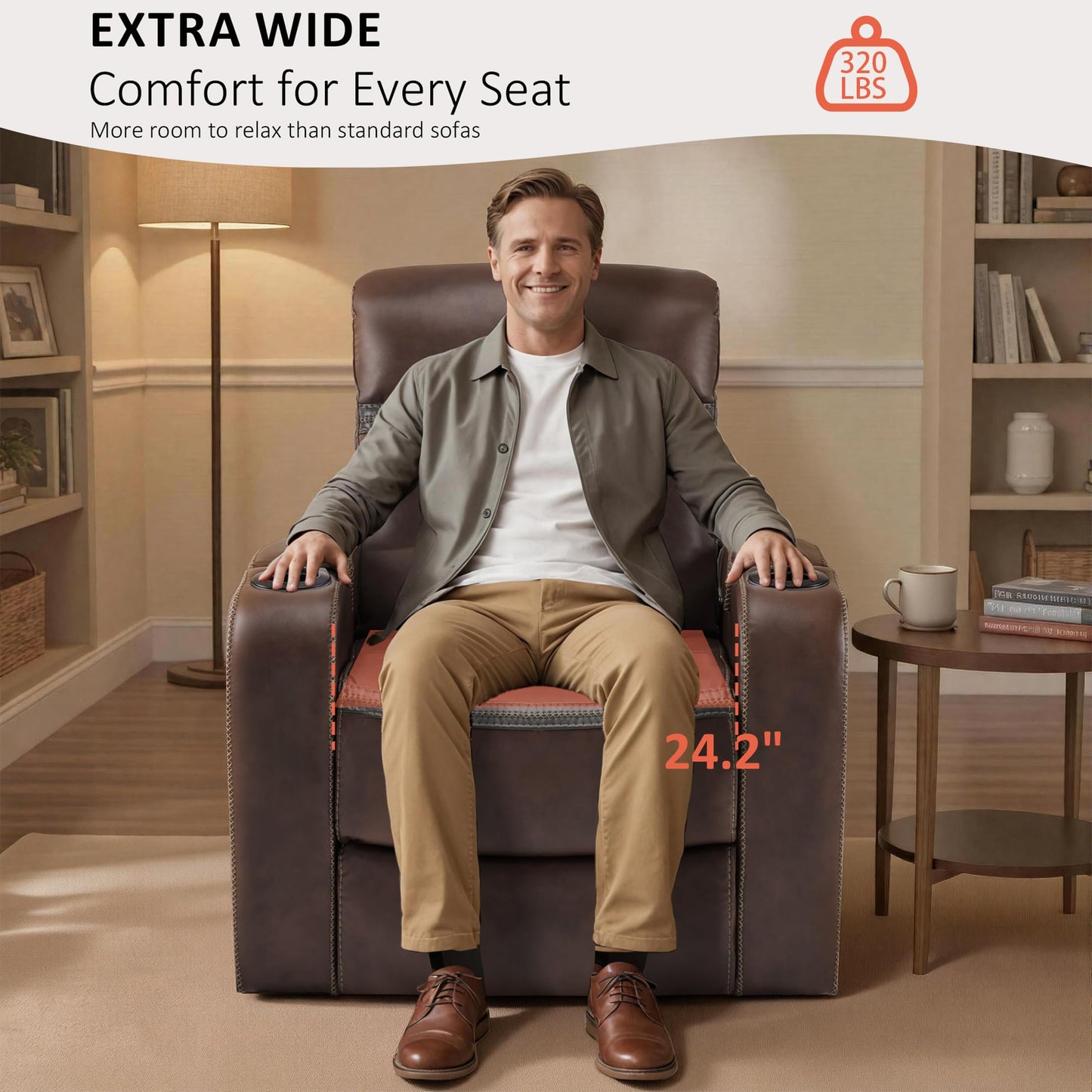 MCombo Power Recliner Chairs, Leather Recliner Chair for Adults, Home Theater Seating with Adjustable Headrest, USB Ports, LED Light & Armrest Storage, Recliners for Living Room HTS400 (Light Brown)