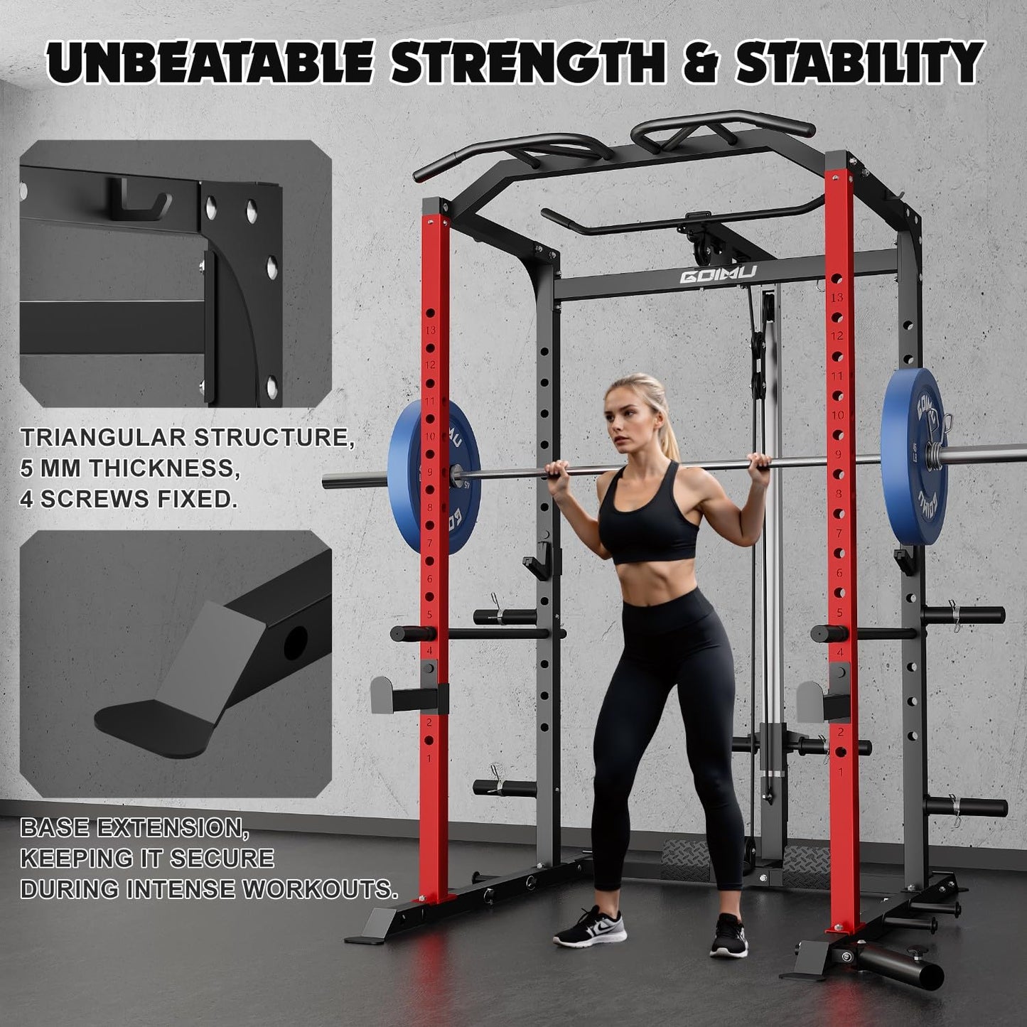 Goimu C1-V4 Power Cage, 2000LBS Squat Rack with LAT Pulldown, Multi-Function Weight Cage Strength Training Machine, Workout Cage with More Attachments for Home Gym Garage (RD Power Cage C1)