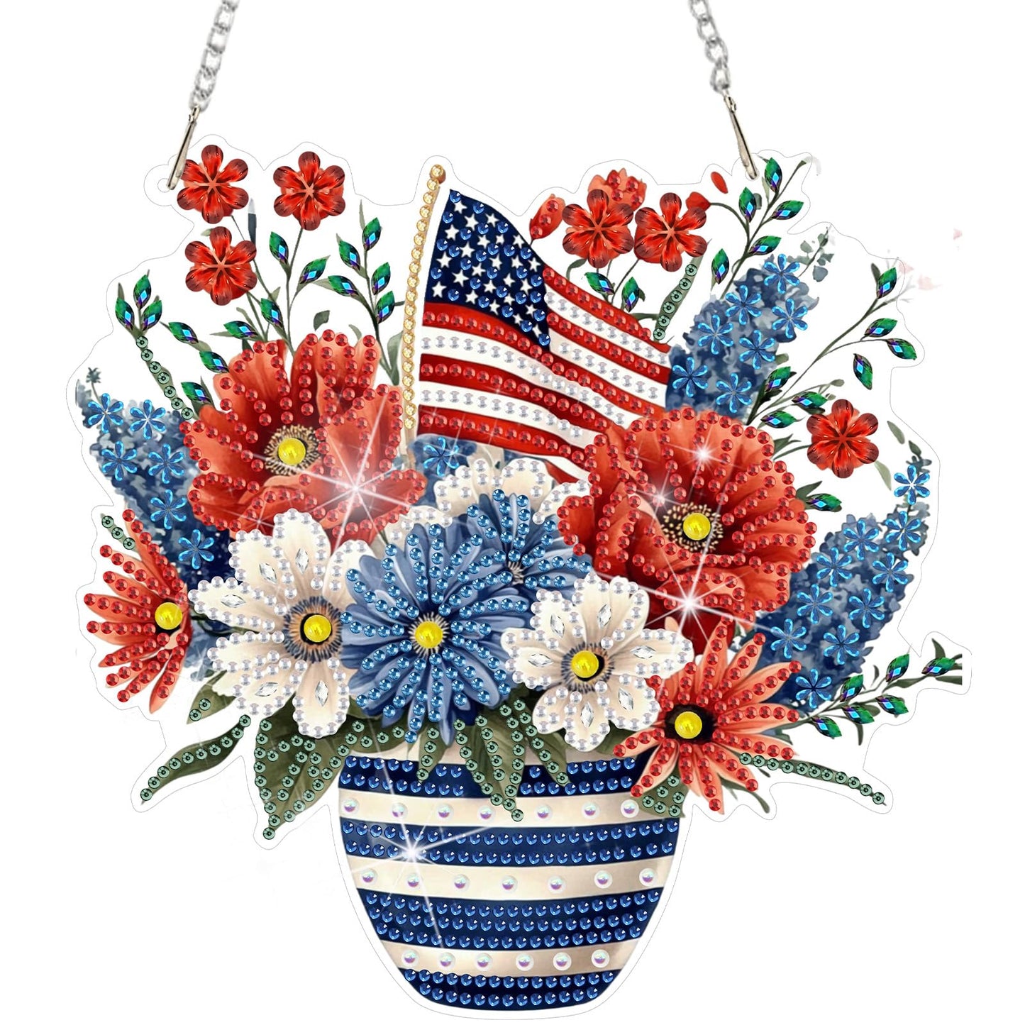 DOMROM 4th of July Diamond Art Hanging Kits, Patriotic Flower Vase Diamond Painting, Special Shaped Gem Art Suncatchers Ornament, American Flag Independence Day Decor for Home Window Wall