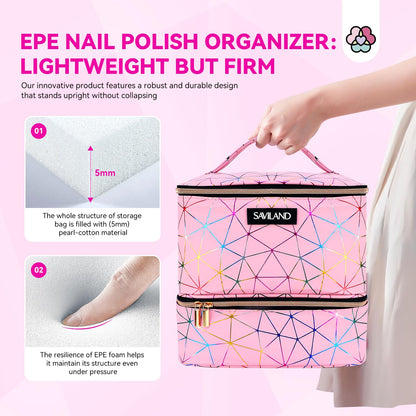 SAVILAND Nail Polish Organizer Bag: PU Leather Nail Polish Storage Organizer Holds 30 Bottles & Nail Lamp, Nail Polish Holder Travel Carrying Case Box Nail Tech Organizer Storage Bag for Nail Supplies