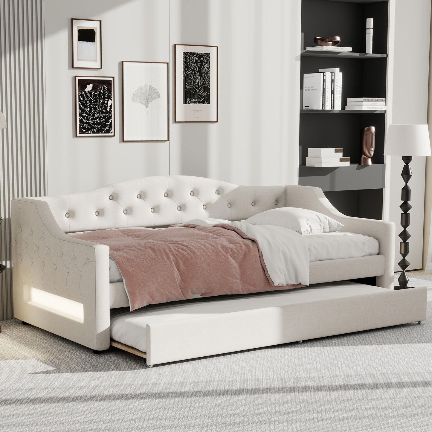 GDFStudio Twin XL Upholstered Daybed with Linen Fabric, LED Lighting Belt, Pull-Out Trundle, Sturdy Pine Wood Frame with Slats, Modern Beige Platform Bed for Users, No Box Spring Required, Beige