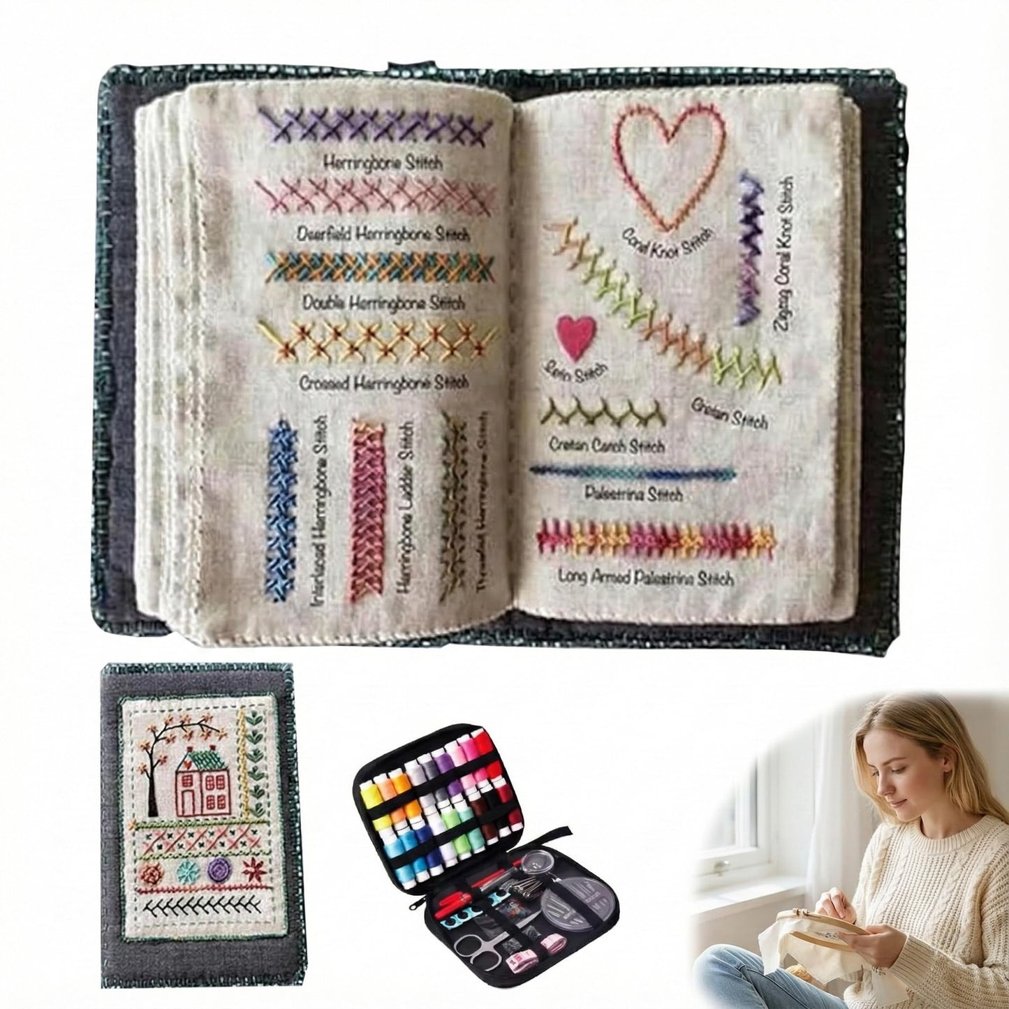 trumpisame DIY Embroidery Stitch Practice Book Kit - Learn 106 Stitches Manual, 86Pcs Complete Starter Set with Magnifier, Metal Thimble, Pre-Printed Linen Pages&106 Floral Patterns