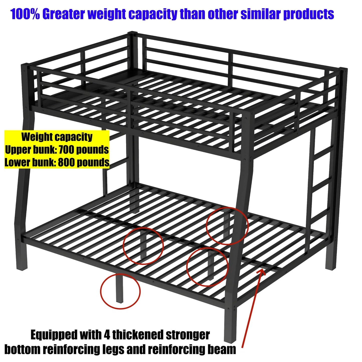 LEEKAF Stronger & Higher Quality Heavy Duty Metal Bunk Bed Twin XL Over Queen Size Bunkbed, Thickened Safer More Stable Steel Queen Bunk Bed (Faster Assembly) (Twin XL Over Queen)