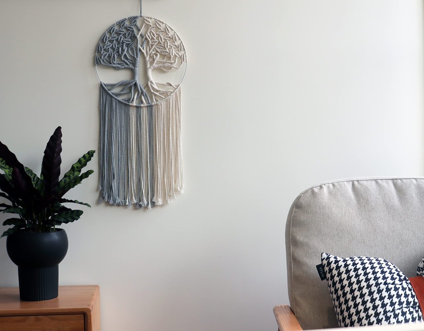 GUKALYLY Tree of Life Macrame Wall Hanging,Chic Handmade Woven Boho Home Décor,Eclectic Wall Decor for Bedroom Nursery Apartment Dorm Decoration,Gift for Teen Girl Mom(13" W X 31.5" L) (Grey&White)