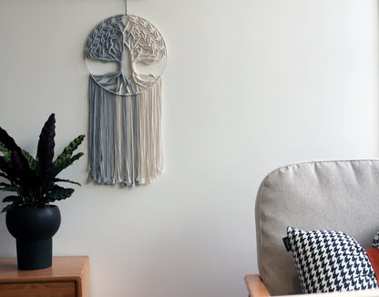 GUKALYLY Tree of Life Macrame Wall Hanging,Chic Handmade Woven Boho Home Décor,Eclectic Wall Decor for Bedroom Nursery Apartment Dorm Decoration,Gift for Teen Girl Mom(13" W X 31.5" L) (Grey&White)