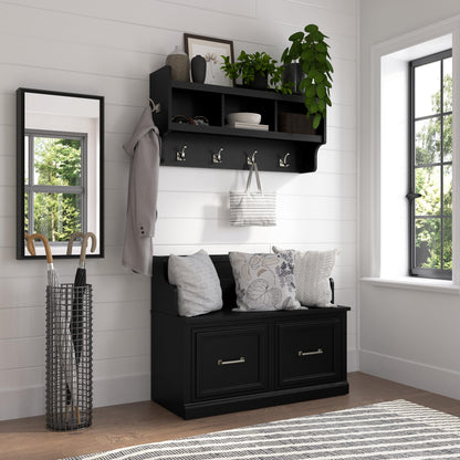 Bush Home Woodland 40W Entryway Bench with Doors and Wall Mounted Coat Rack in Black Suede Oak | Mudroom Shoe Storage, Clothing Organizer