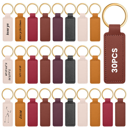 Wavyknot 30 Pcs Leather Keychains Blank Bulk PU Leather Laser Engraving Keychains for Men Women Birthday Party Gifts (Deep Color)