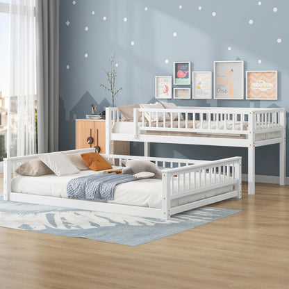 GDFStudio Twin XL Over Queen Bunk Bed with Ladder & Guardrails, Convertible Stacked or Separate Beds, Modern Space Saving Bed Frame, Bedroom Storage Solution, Solid Pine Wood Frame, White