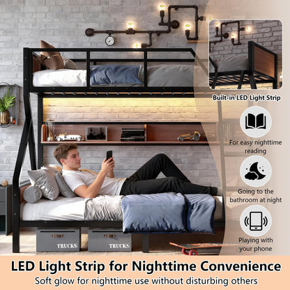 Bellemave Twin XL Over Queen Bunk Bed with Shelves, Metal Bunk Beds with Ladders and Lights, Heavy-Duty Bunkbed for Bedrooms, Guest Rooms and Dorms, No Box Spring Needed and Noise-Free Design, Black