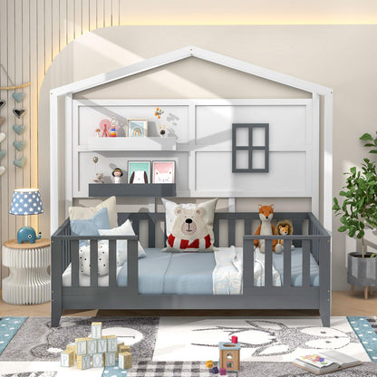 Giantex Twin House Bed, Solid Wood Montessori Bed Frame with 2 Storage Shelves, Fence & House Roof, Wood Slat Support, Low Twin Bed Frame for Kids Teens Girls Boys, No Box Spring Needed, White & Grey