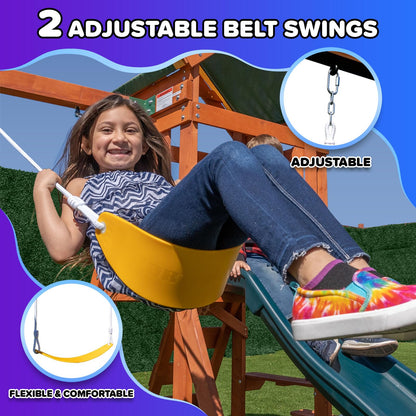 Sportspower Scottsdale Cedar Wood Swing Set: 2 Adjustable Swings, Sandbox, Rock Climber, Covered Deck, 1 Slide - Exceeds ASTM Safety Standards