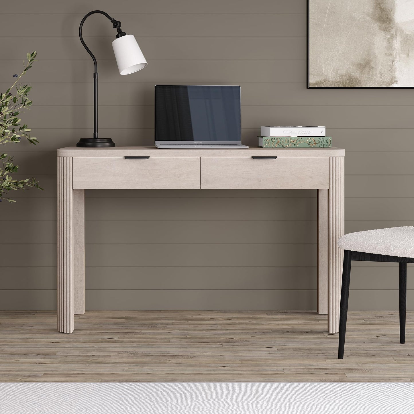 Henn&Hart 48" Fluted Modern Rectangular Wooden Home Office Desk Computer Desk Writing Table with Ribbed Legs and 2 Storage Drawers for Bedroom, Living Room, or Home Office, Beech White