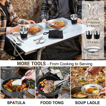 18Pcs Camping Cookware Mess Kit, Joyfair 7.8” Nonstick Camp Cooking Utensil Set (Pot, Pan, Kettle, Grill Grate), Outdoor Backpacking Gear Open Fire Essentials Accessories, Compact/Portable/Lightweight