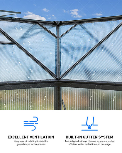 12x12 FT T-Shape Greenhouses, Polycarbonate Green House with UV Protection, Heavy Duty Greenhouse with Windproof Aluminum Frame, Roof Vent & Quick-Install Design for Backyard or Garden Use