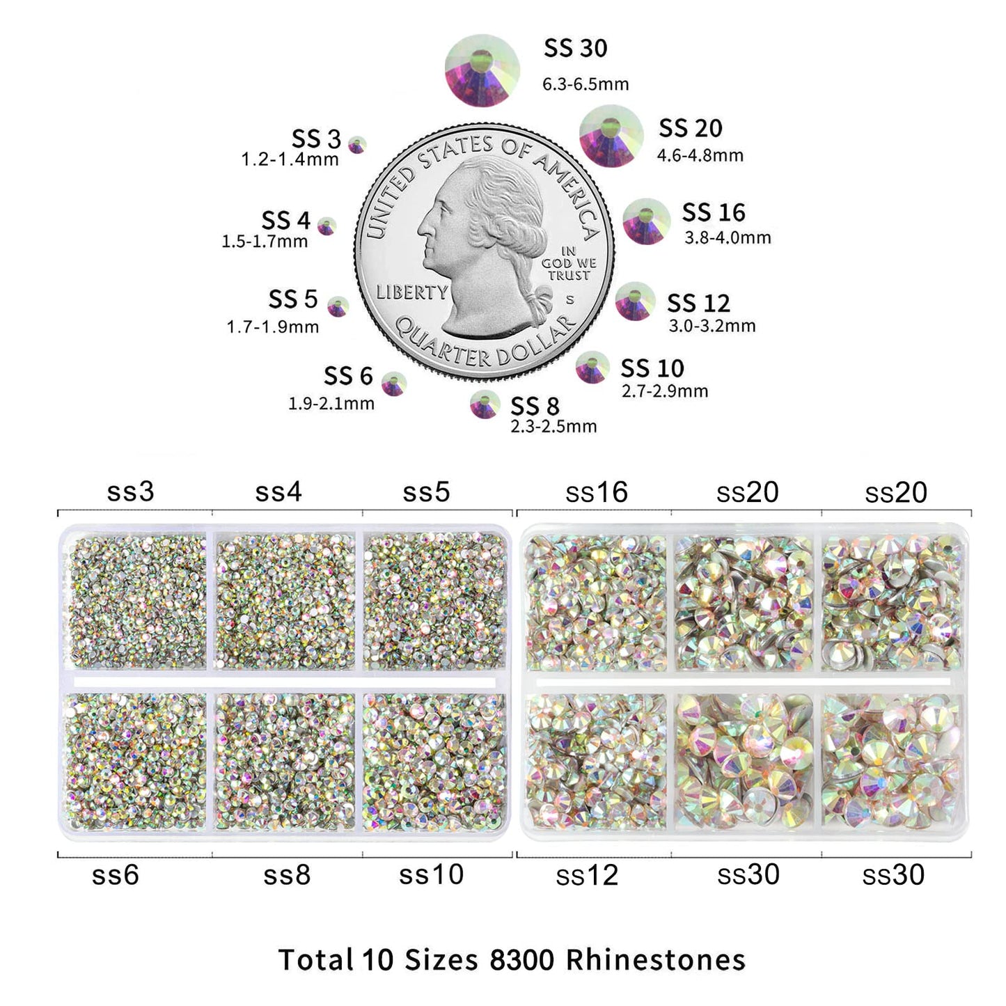 Beadsland 8300PCS Flatback Rhinestones, AB Crystal Rhinestone Round Crystal Rhinestones for Crafts, Mixed 10 Sizes with Wax Pencil and Tweezer Kit, SS3-SS30, Crystal AB
