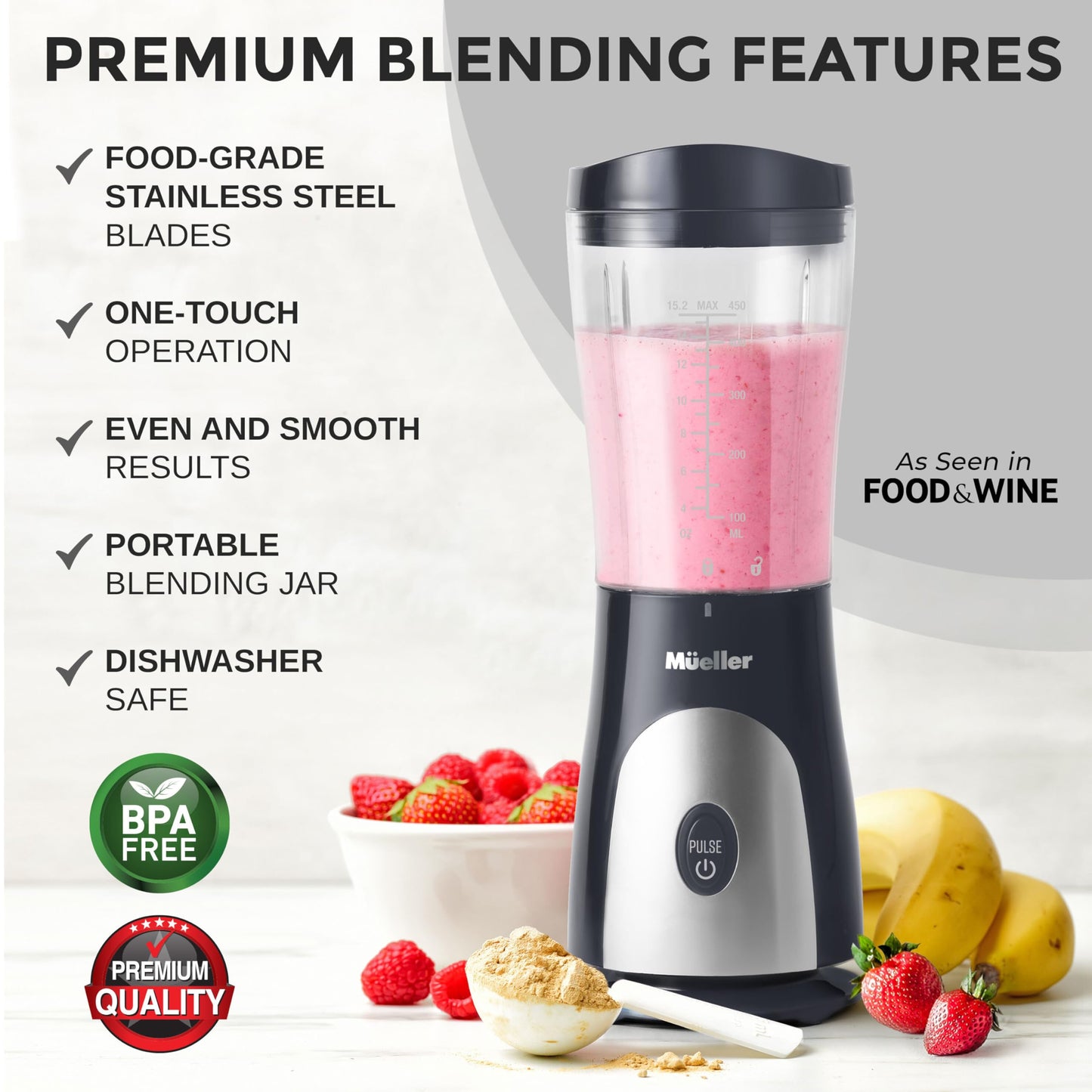Mueller Smoothie Blender for Smoothies - Personal Blender for Shakes, Frozen Drinks, Baby Food & More, 15oz Travel Cup and Lid, Durable Stainless Steel Blades for Powerful Blending Performance, Black