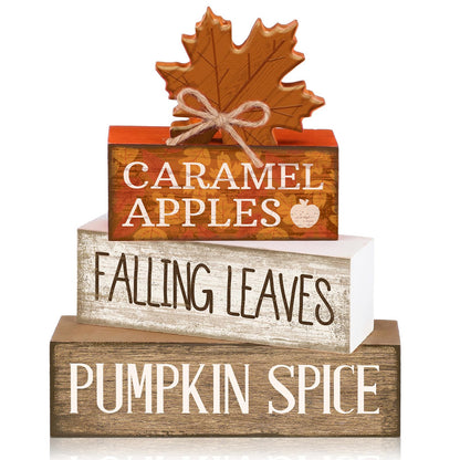 Moucuny 4 Pcs Fall Decor Wooden Maple Leaf Decoration Thanksgiving Tiered Tray Decor Rustic Wooden Maple Leaf Block Signs Thanksgiving Table Centerpiece Farmhouse for Autumn Harvest Party Kitchen Home