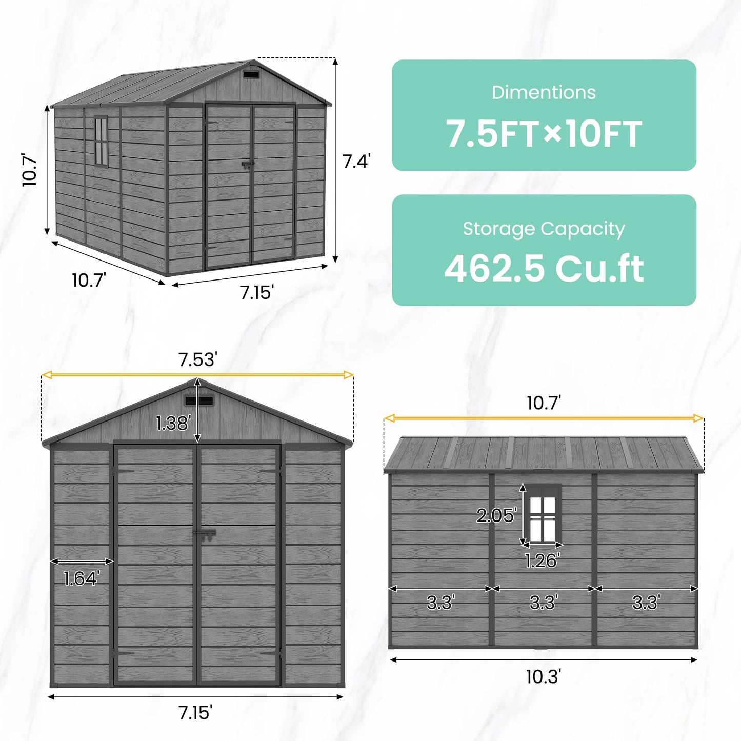 UDPATIO Resin Storage Shed 7.5x10.7 FT, Outdor Plastic Shed for Garden Tools Pool Equipment, Outside Sheds with Lockable Door for Backyard, Patio, Lawn, Dark Grey