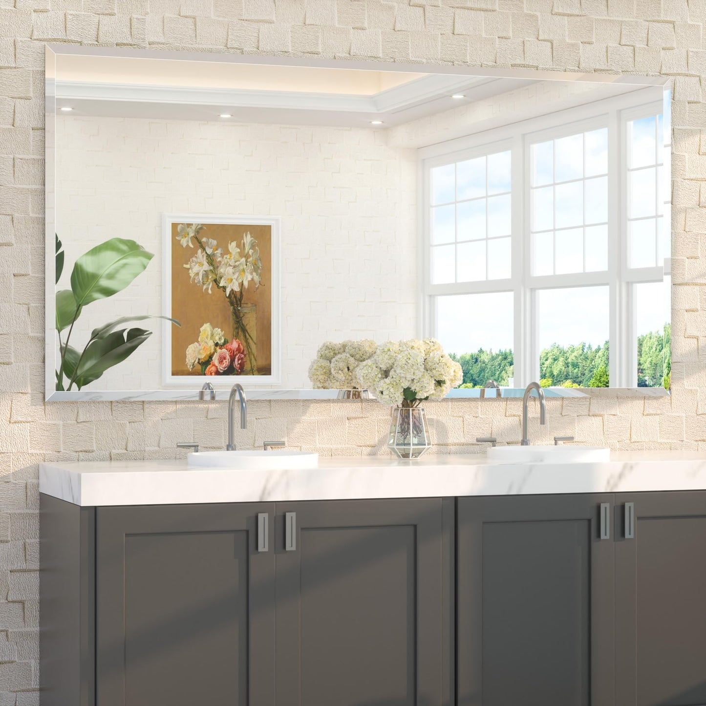 TETOTE 72" x 36" Rectangle Tempered Mirror with Frameless Beveled Edge for Vanity and Bathroom