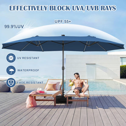 Sundale Outdoor Solar 15 ft 144 LED Olefin 5-Year-Non-Fading Patio Umbrella with Sandbag Base Included and Cover, Outdoor Double-Sided Umbrella with Lights, Navy