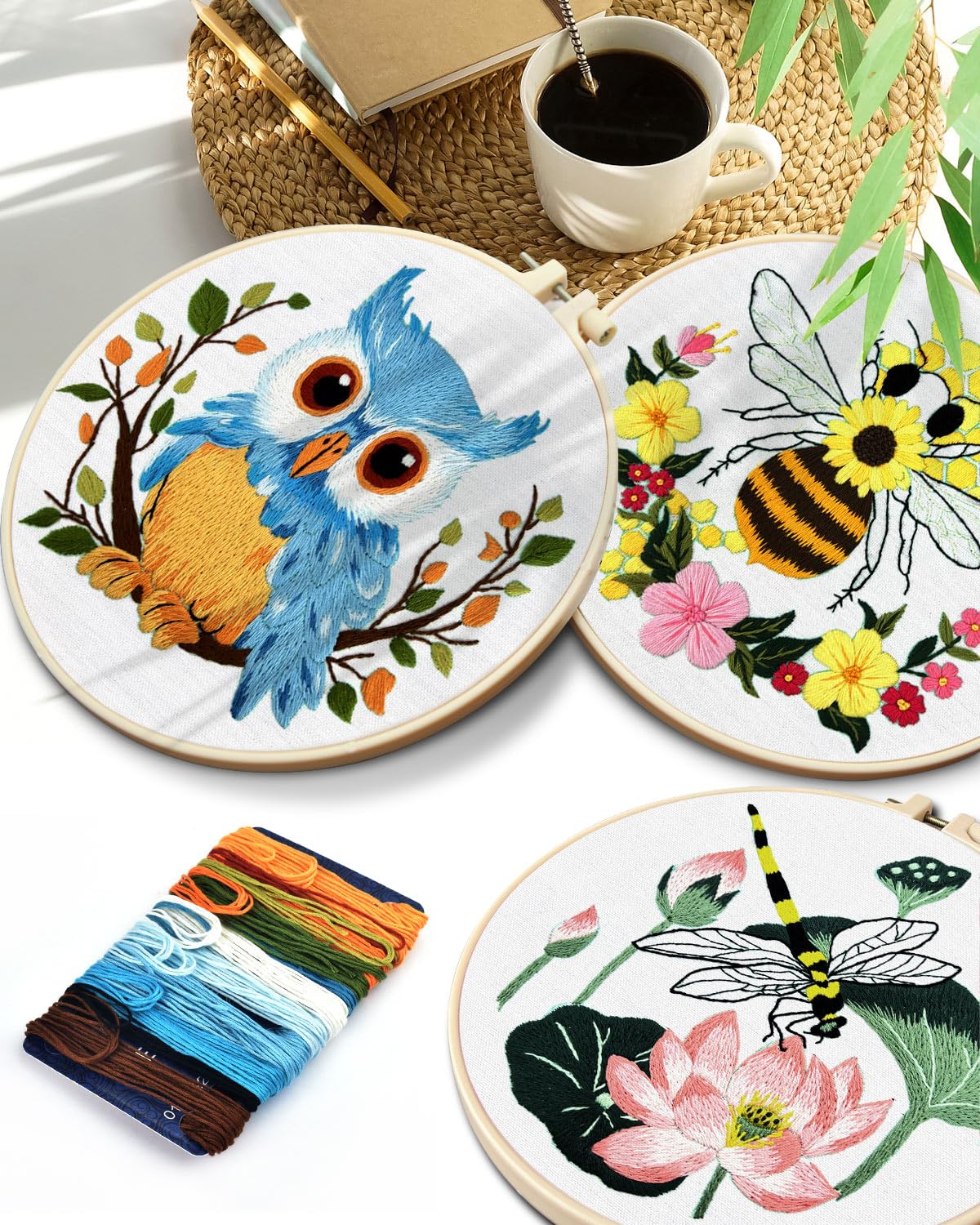 TINDTOP 5 Sets Embroidery Kit for Beginners Adult, Embroidery Kit for Beginners Include Embroidery Cloth Hoops Threads for Craft Lover Hand Stitch with Embroidery Skill Techniques
