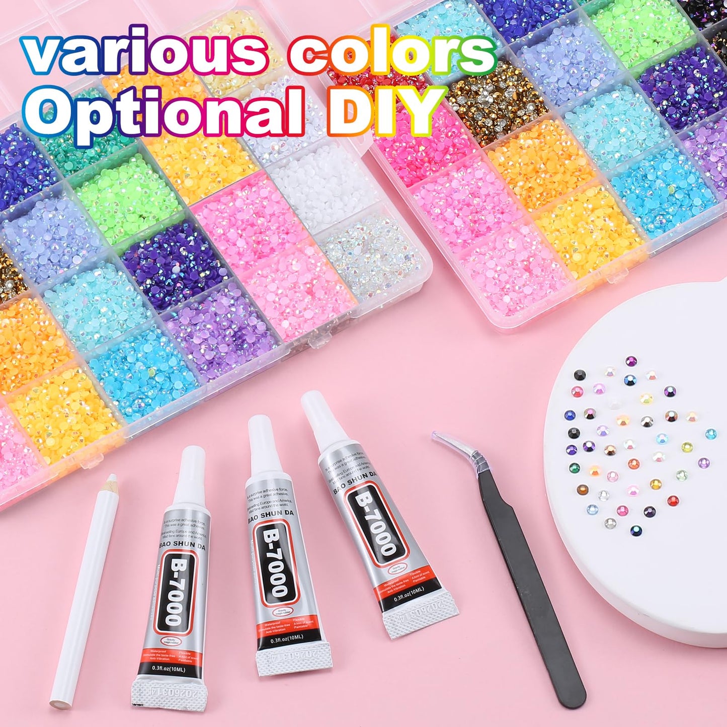 Vertdens 48 Colours 48000 Pieces 3mm Bedazzling Kit, Flatback Rhinestones, Resin Jelly Gems, Rhinestones for Bedazzling, Diamond Art & DIY Bedazzler, Including 3 x 10ml Bottles of B7000