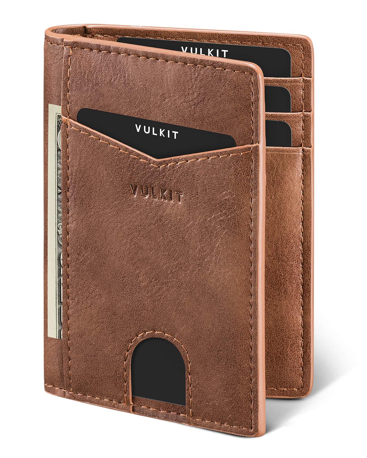 VULKIT Bifold Front Pocket Slim Wallet RFID Blocking Minimalist Thin Leather Credit Card Holder Wallet for Men and Women Brown