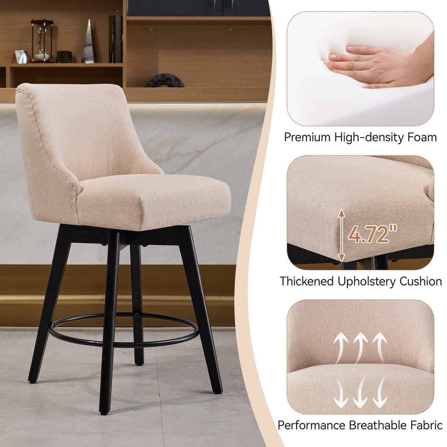 Vipbear Counter Height Bar Stools Set of 3, 26" H Swivel Bar Stools with Backs, Linen Fabric Upholstered Bar Chairs with Solid Wood Legs for Kitchen Island, Dining Room, Home Bar, Beige