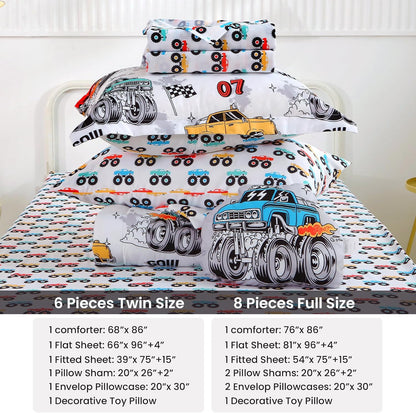 Sets 6 Set Set Mooreeke Twin Size Comforter for Boys Kids, Pieces Bed in a Bag Monster Truck Bedding Comforter Sheet