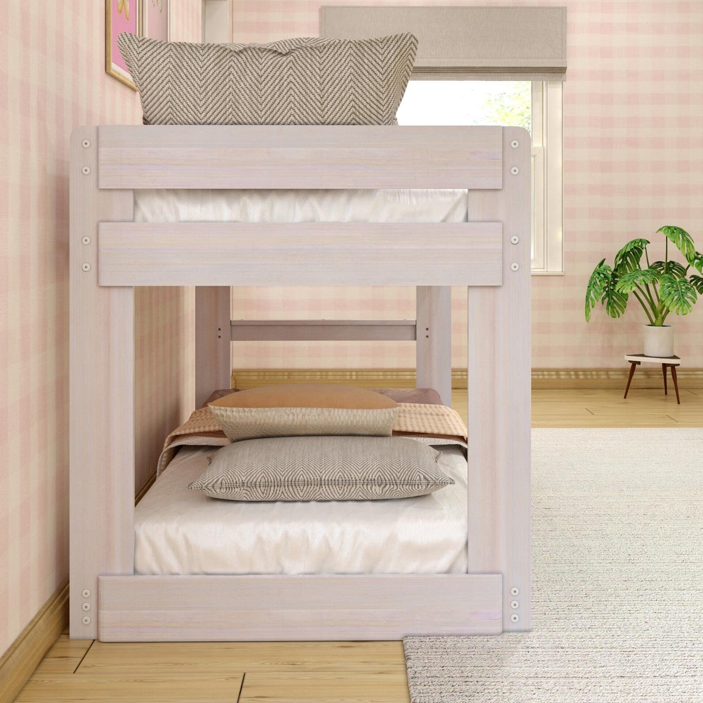 Max & Lily Modern Farmhouse Low Bunk Bed, Twin-Over-Twin Bed Frame For Kids, White Wash