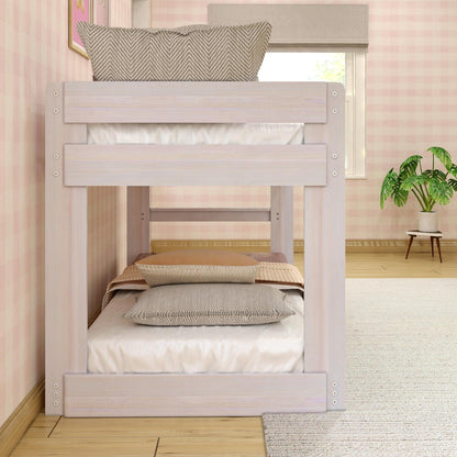 Max & Lily Modern Farmhouse Low Bunk Bed, Twin-Over-Twin Bed Frame For Kids, White Wash