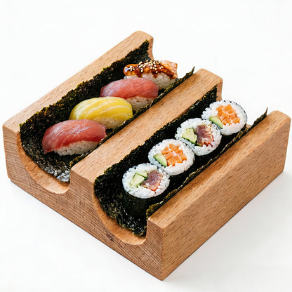 TUESMEILL Sushi Taco Holder:Wooden U Shaped Sashimi Plate Japanese Food Serving Tray Taco Display Stand Sashimi Rack for Home Restaurant Party Food Serving and Display (2 Slot )