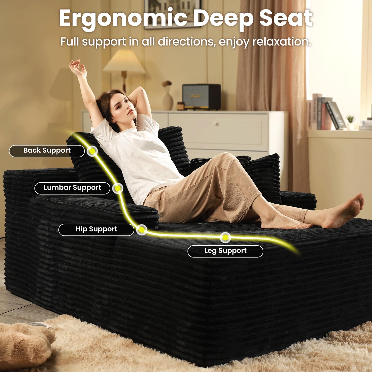 ovios 67'' Chaise Lounge Chair Indoor, Oversized Upholstered Boneless Sofa Bed, Deep Seat Sleeper Couch, Plush Cloud Sofas Couches for Living Room, No Assembly Required (Faux Fur, Black)
