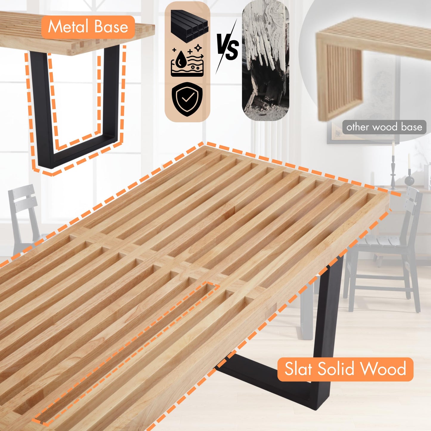 Hyfirm Natural Wood Dining Bench Nelson Slat Wooden Bench Entryway Bench, 55" Modern Wood Bench Indoor with Black Metal Legs Skeleton Seat for Living Room Bedroom End of Bed