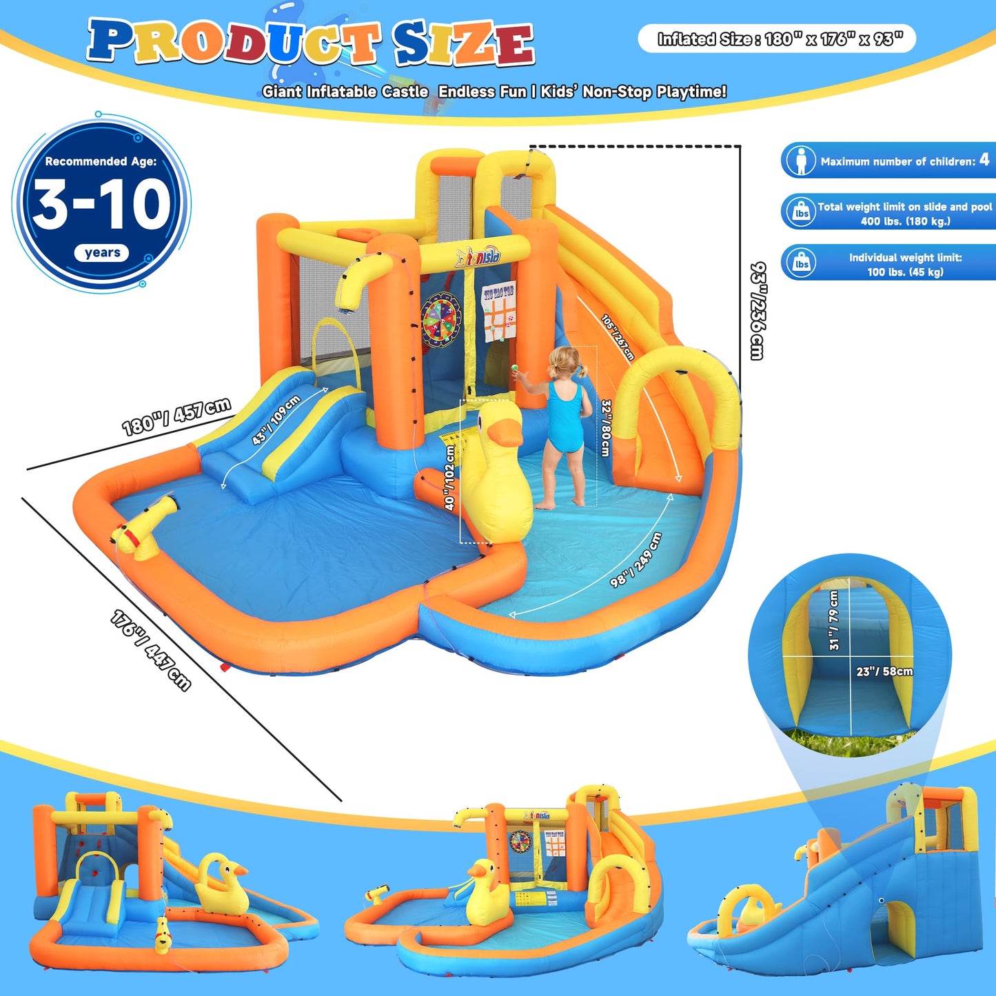 Inflatable Water Park for Kids 3-10yr, 12-in-1 Large Water Slide Bounce House with Dual Slide, Blower, 2 Splash Pools, Climbing Wall, Tunnel, Water Cannon, Basketball, Blow Up Water Slide for Backyard