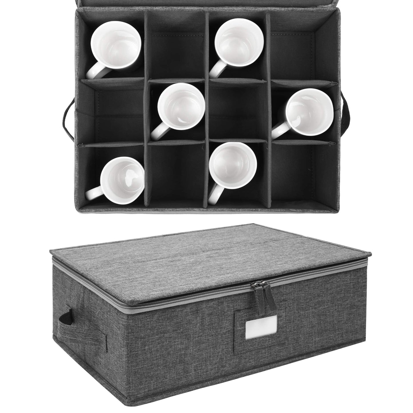 popoly Mug Storage Box with dividers, China Coffee Cup Storage Containers with Zipper Lid and Rivet Reinforced Handles, Holds 12 Coffee Mugs and Tea Cups, Structured Top and Stackable (Grey)